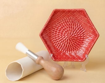 Ginger Grater Plate 3-Piece Set in Red. Ceramic Grater, Garlic Peeler & Wooden Brush