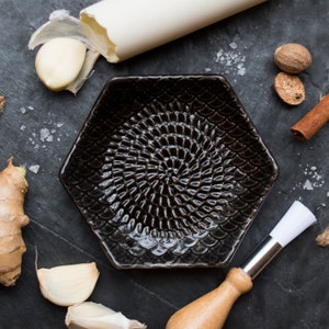 Charcoal- The Grate Plate Ceramic Grater 3 Piece set: Ceramic Grating Plate, Garlic Peeler and Wooden Handled Gathering Brush