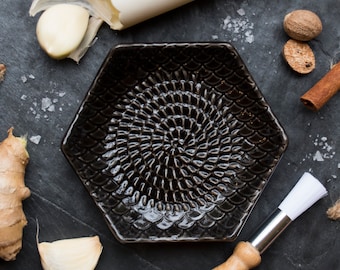Charcoal- The Grate Plate Ceramic Grater 3 Piece set: Ceramic Grating Plate, Garlic Peeler and Wooden Handled Gathering Brush