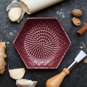 Wine- The Grate Plate Ceramic Grater 3 Piece set: Ceramic Grating Plate, Silicone Garlic Peeler and Wooden Handle Gathering Brush