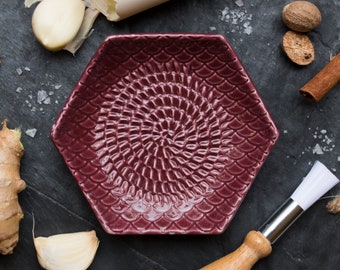 Wine- The Grate Plate Ceramic Grater 3 Piece set: Ceramic Grating Plate, Silicone Garlic Peeler and Wooden Handle Gathering Brush