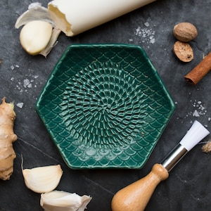 Emerald Green- The Grate Plate Ceramic Grater 3 Piece set: Ceramic Grating Plate, Garlic Peeler and Wooden Handle Gathering Brush