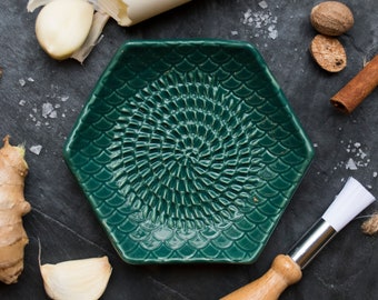 Emerald Green- The Grate Plate Ceramic Grater 3 Piece set: Ceramic Grating Plate, Silicone Garlic Peeler and Wooden Handle Gathering Brush