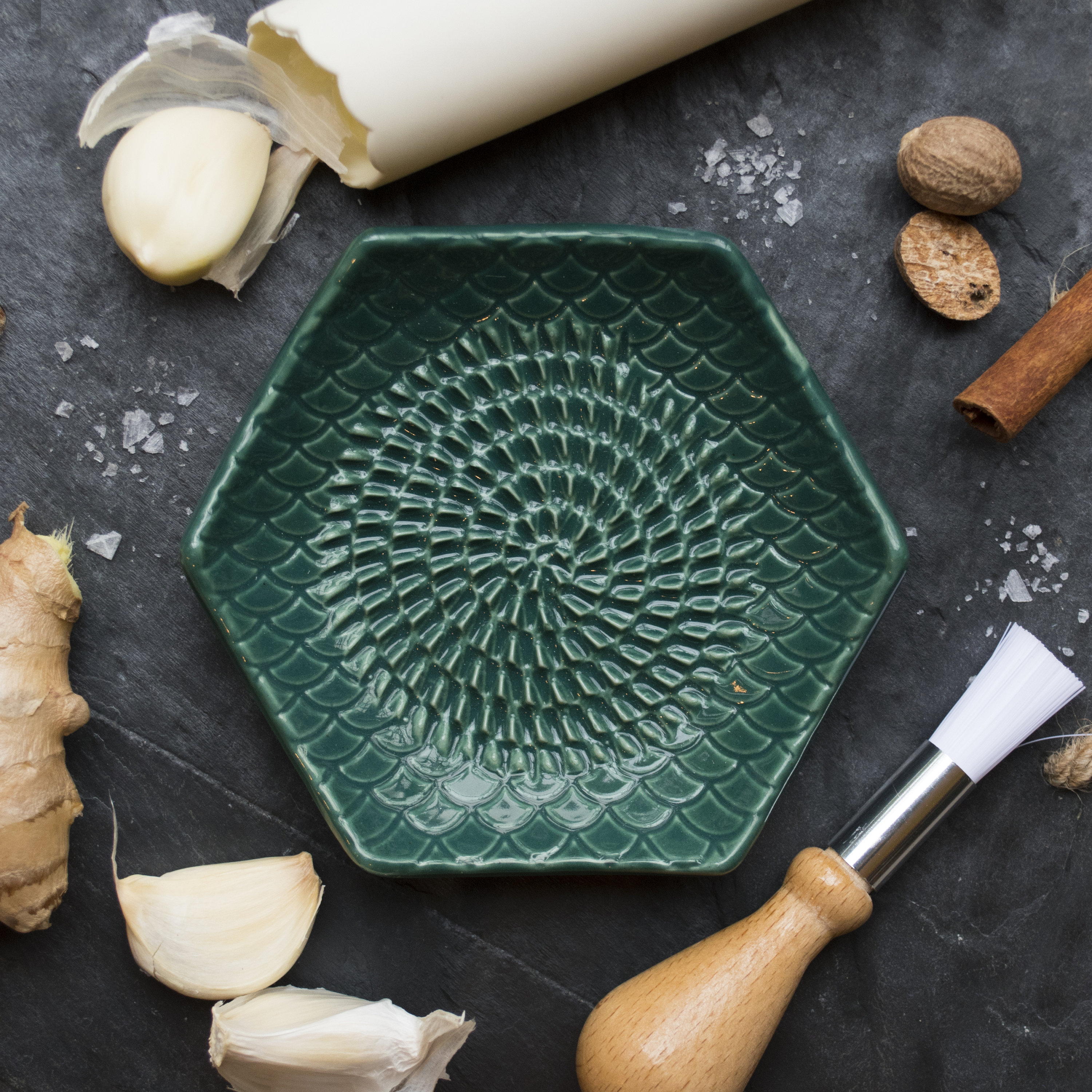 Emerald Green- The Grate Plate Ceramic Grater 3 Piece set: Ceramic Grating Plate, Garlic Peeler and Wooden Handle Gathering Brush