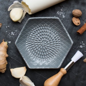 The Grate Plate Ceramic Grater 3 Piece set: Ceramic Grating Plate, Silicone Garlic Peeler and Wooden Handle Gathering Brush Cool Gray