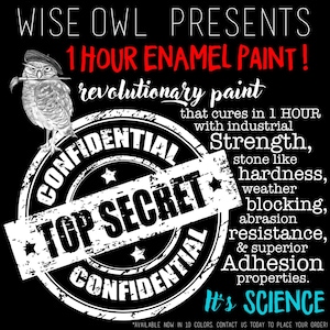 Puede incluir: Una ilustraci&oacute;n en blanco y negro de un b&uacute;ho con un pincel en su pico. El b&uacute;ho est&aacute; sentado en un sello circular blanco y negro que dice "CONFIDENTIAL TOP SECRET CONFIDENTIAL". El texto "WISE OWL PRESENTS 1 HOUR ENAMEL PAINT! revolutionary paint that cures in 1 HOUR with industrial Strength, stone like hardness, weather blocking, abrasion resistance, & superior Adhesion properties. It's SCIENCE" est&aacute; escrito en blanco y rojo sobre un fondo negro.