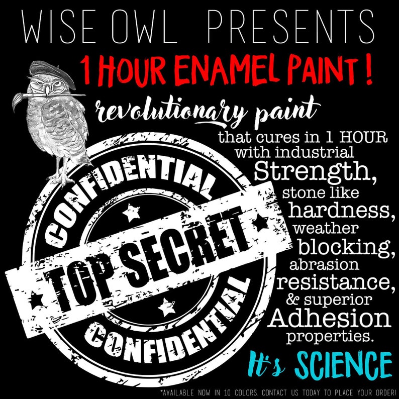 Puede incluir: Una ilustraci&oacute;n en blanco y negro de un b&uacute;ho con un pincel en su pico. El b&uacute;ho est&aacute; sentado en un sello circular blanco y negro que dice "CONFIDENTIAL TOP SECRET CONFIDENTIAL". El texto "WISE OWL PRESENTS 1 HOUR ENAMEL PAINT! revolutionary paint that cures in 1 HOUR with industrial Strength, stone like hardness, weather blocking, abrasion resistance, & superior Adhesion properties. It's SCIENCE" est&aacute; escrito en blanco y rojo sobre un fondo negro.