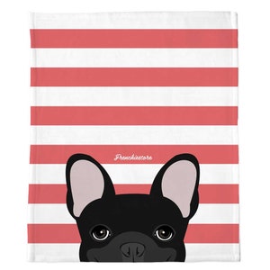 Black French Bulldog on Coral Stripes | Frenchie Blanket