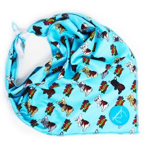 May include: A light blue bandana with a pattern of French Bulldogs wearing heart-shaped tattoos that say "Mom". The bandana has a white tie and a blue logo with a French Bulldog.