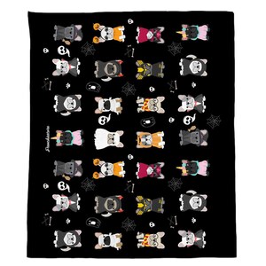 May include: A black background with a repeating pattern of French Bulldogs dressed in various Halloween costumes. The costumes include a ghost, a vampire, a witch, a unicorn, a pumpkin, a devil, and a cat.