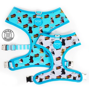 Frenchiestore Reversible Dog Health Harness | This Frenchie loves Mom/Dad in teal and grey