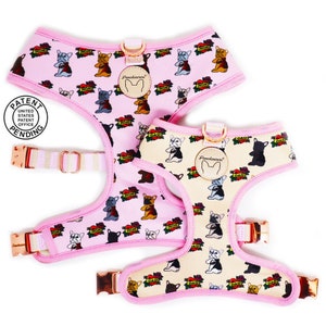 Frenchiestore Reversible Dog Health Harness | This Frenchie loves Mom/Dad in pink and tan
