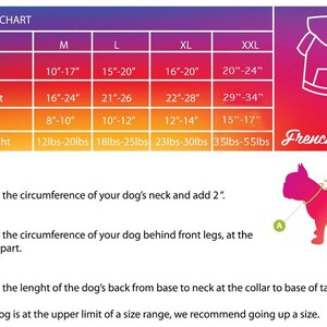 May include: Size chart for dog clothing with measurements in inches and pounds. The chart shows neck, chest, back, and weight measurements for sizes M, L, XL, and XXL. A diagram shows how to measure a dog for clothing.