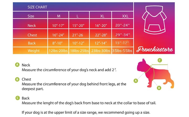 May include: Size chart for dog clothing with measurements in inches and pounds. The chart shows neck, chest, back, and weight measurements for sizes M, L, XL, and XXL. A diagram shows how to measure a dog for clothing.
