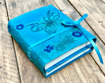 Double leather journal with butterfly, personalized, journal, dos a dos. Soft cover diary. Art journal, women gift, flowers leather notebook