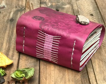 Creative art journal. leather junk journal for sale. Handmade Notebook, embossing flowers, Chubby boho notebook, mixed paper. Gift myselft