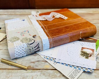 Large Junk Journal, Hand-Sewn Leather Fabric Notebook, Vintage Ephemera
