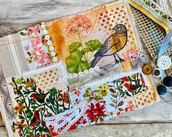 Art journal cover, collage textile, no signatures included. Birds junk journal soft cover. Slow art, patchwork, handmade embroidered cover