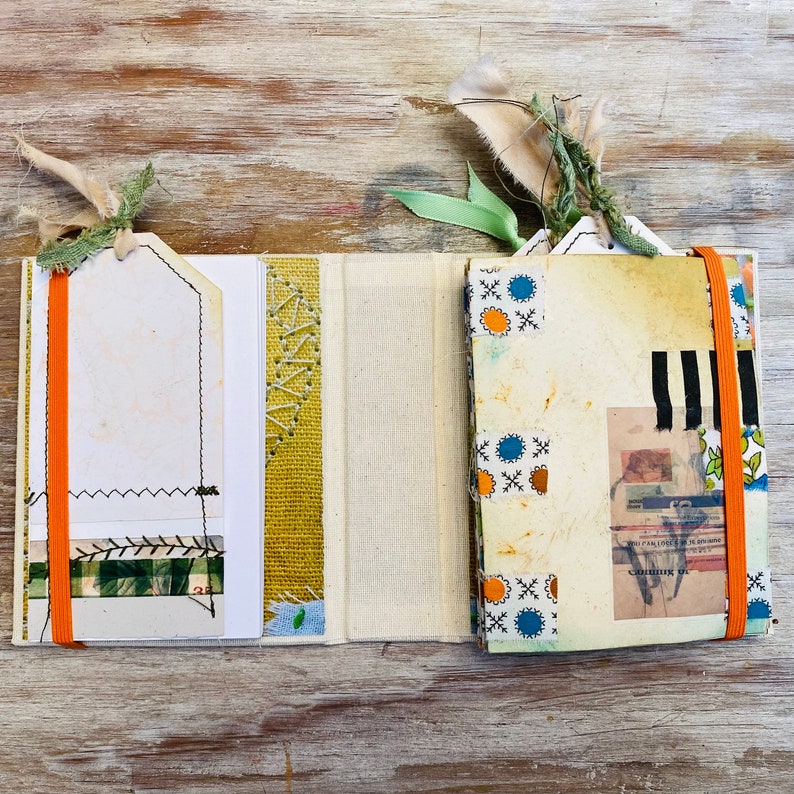 Mini scrapbooking journal, double folder, binding tab, ephemera. Mixed media journal, hard cover, textile collage, junk journal and set card image 4