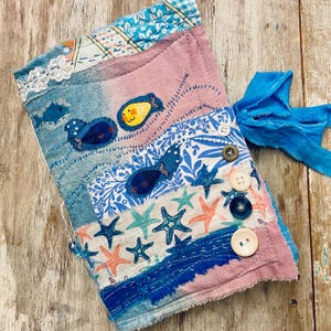 Underwater life junk journal. Sea Ocean theme handmade junk journal. Blue colors, textil collage, art journal, keepsake glue book, scrapbook