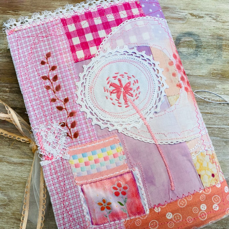 Junk journal handmade. Pink journal soft cover. Junk book, textile art journal, fabric free style embroidery. Spring gift. Gratitude journal image 3