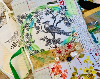 Bird junk journal handmade, soft cover book. Bundle of embellishments and cards. Textile collage art journal. Slow stitch embroidery