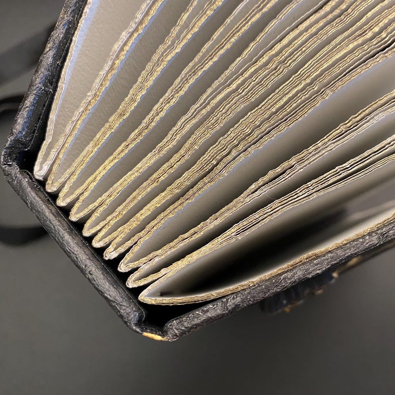 May include: Close-up of a book's spine showing the pages fanned out. The pages are a light beige color with a gold edge. The book is bound in black leather.