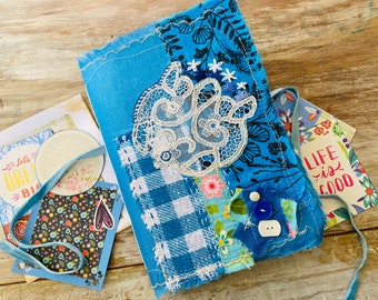 Blue junk journal handmade. Vintage lace embroidery. Patchwork, slow stitch soft cover, ready to ship. Art journal, ephemera, gift selft