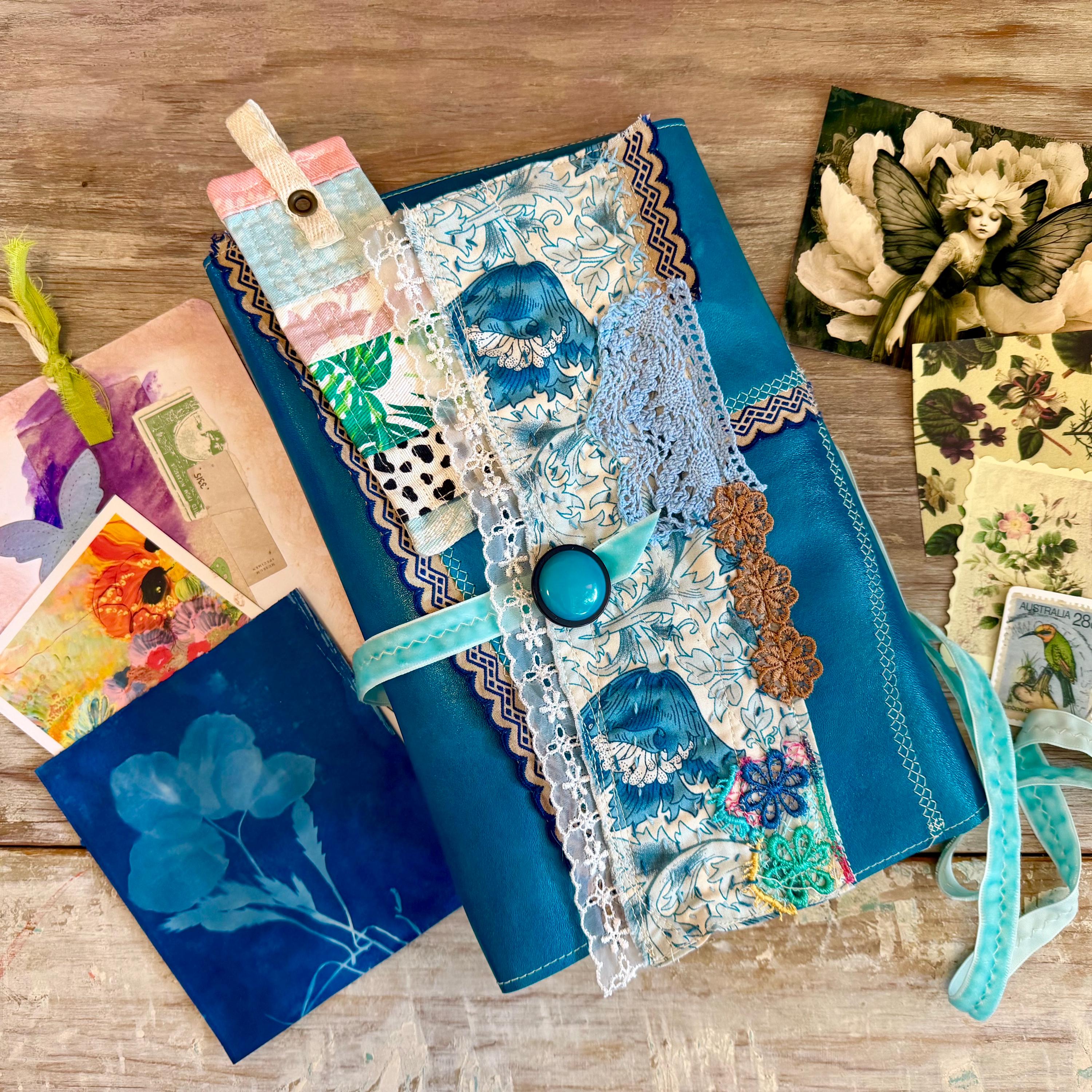 Blue Spring Flower Leather Travel Journal, Refillable Junk Journal Inserts