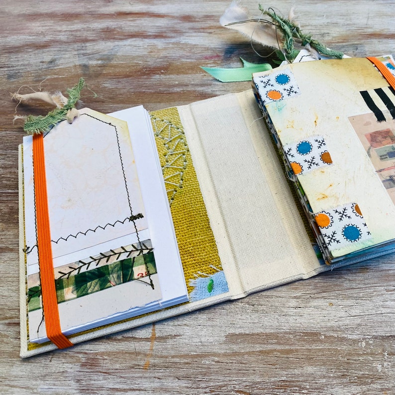 Mini scrapbooking journal, double folder, binding tab, ephemera. Mixed media journal, hard cover, textile collage, junk journal and set card image 5