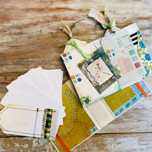 Mini scrapbooking journal, double folder, binding tab, ephemera. Mixed media journal, hard cover, textile collage, junk journal and set card image 8