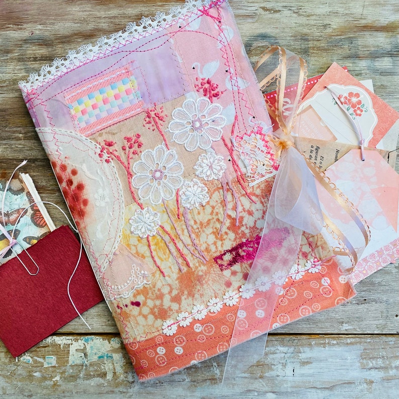 Junk journal handmade. Pink journal soft cover. Junk book, textile art journal, fabric free style embroidery. Spring gift. Gratitude journal image 1