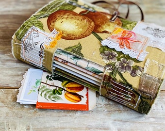 Handmade fruit junk journal, fabric soft cover, recipe journal. Bundle ephemera gift. Collage textile art journal. Mixed pages, self gift