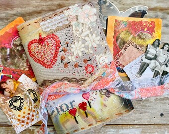 Eclectic Junk journal, Textile cover, Handmade art journal. Ephemera pack,  gift for yourself. Loved, Heart embroidered book, Ready to ship