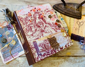 Handmade junk journal, vintage fashion Sewing theme. Embellishment goodies gift. Art journal 7 signatures chubby book. Fabric, lace, leather