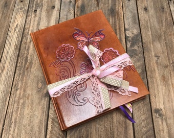 Leather journal personalized for woman. Custom guest book. Notebook flowers design. Art journal handmade. Writing diary. Empty blank book