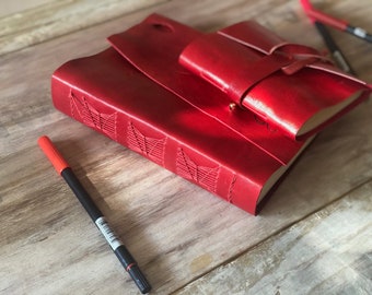 Red large journal. Hand bound journal. Book of shadows. Set journals.  Personalized gift for her, Artist gift for wife, Leather sketchbook.