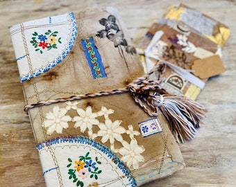 Vintage, distressed, handmade junk journal 144 pg Embroidered cover, mixed media pages, pack goodies, cloth notebook, soft cover art journal