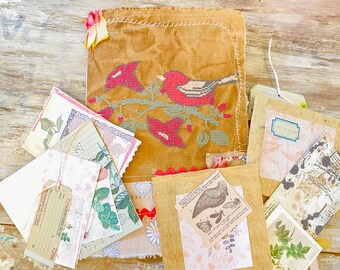 Birds junk journal handmade, fabric soft cover diary. Bundle of embellishments and cards. Textile art journal. self gift, Art journal