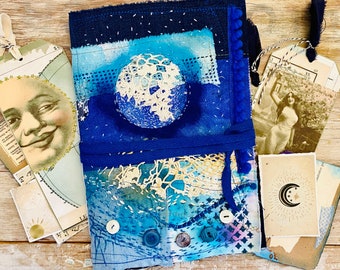 Moon junk journal. Handmade art journal. Personalized moon notebook. Grimoire, Dream Journal. Night, stars, moonlight, women. Ephemera gift.