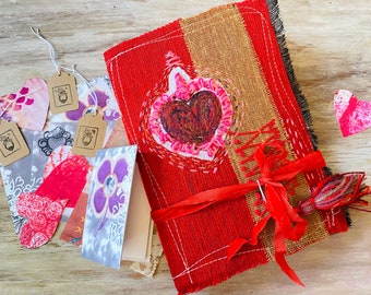 Junk journal handmade. Fabric journal soft cover. Textile junk book. Gold heart art journal, free style embroidery. Gratitude notebook.