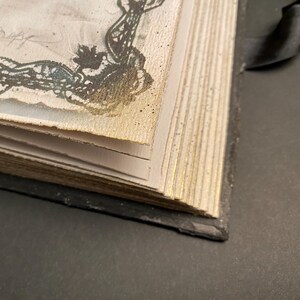 May include: Close-up of the spine of a bound book with gold-gilded edges. The book has a black cover and is made of thick, textured paper.