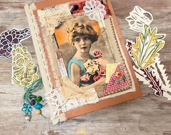 Botanical Journal. Handmade junk art journal, old book hard cover, gift for gardeners, embroidered notebook, grunge style, glue book