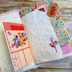 Junk journal handmade. Pink journal soft cover. Junk book, textile art journal, fabric free style embroidery. Spring gift. Gratitude journal image 6