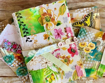 Junk journals handmade soft cover. Green garden, textile art journal. Botanical Scrapbook, fabric free style embroidery. Gratitude notebook.