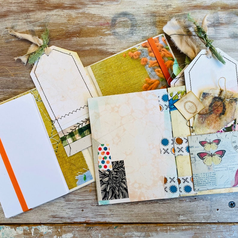 Mini scrapbooking journal, double folder, binding tab, ephemera. Mixed media journal, hard cover, textile collage, junk journal and set card image 10