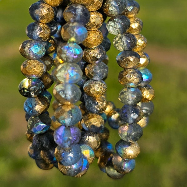 BACK IN STOCK - Faerie Rondelle Cadet Blue with a Matte Finish and Gold Luster - 5x7mm - Czech Glass Beads 25 Beads