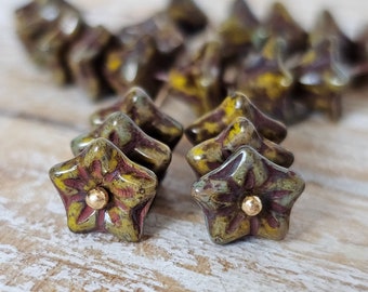 Czech Glass Floral Beads Trumpet Bell Flower Yellow Gold, Brown with Picasso Bell Flower Beads 20pcs 5x8mm