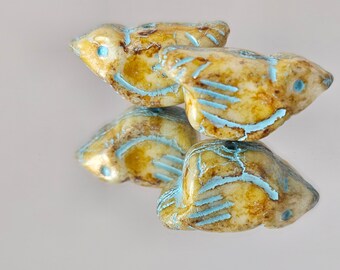 Turquoise White Picasso Bird Czech Glass 2 Beads