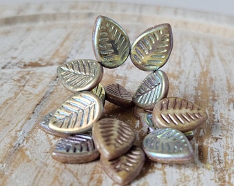 Leaf Beads Czech Glass Leaves 12x16mm Metallic Champagne Pink 6 Beads